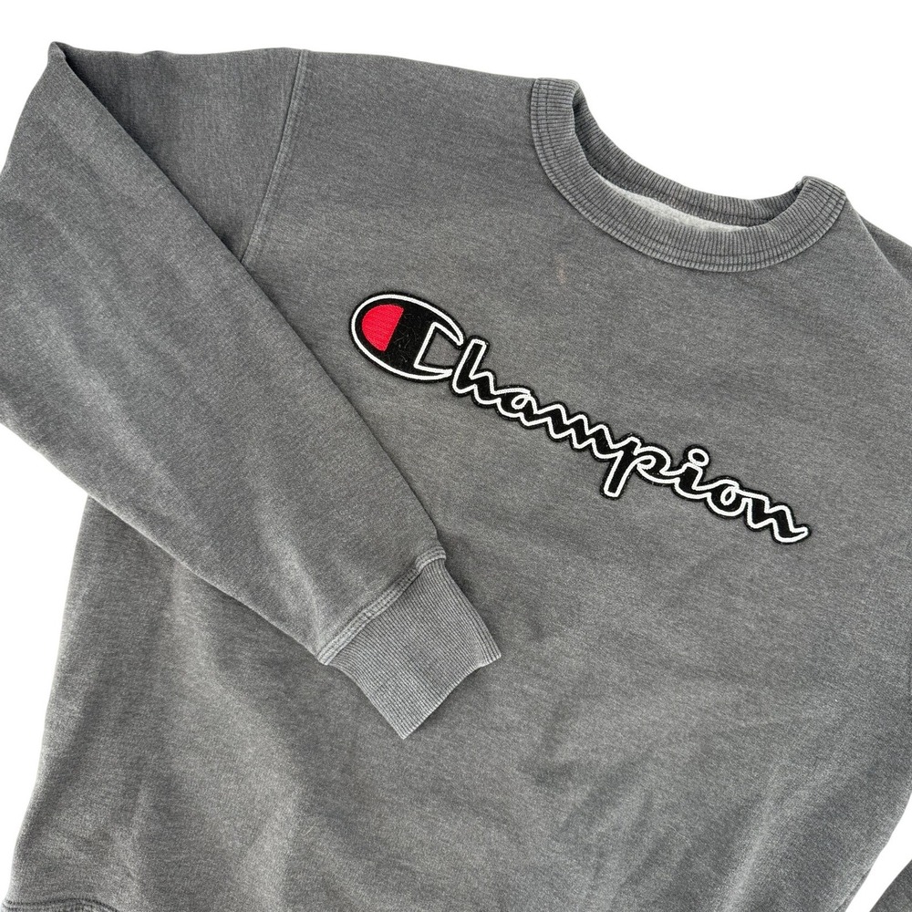 Champion Y2K‎ Mens Script Logo Crewneck Sweatshirt Grey Fleece Pullover Size M